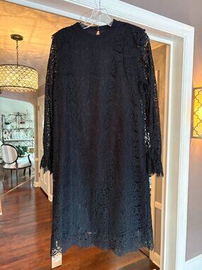 NWT F&2 Black Lace Fringe Sheath Midi Dress. Size M